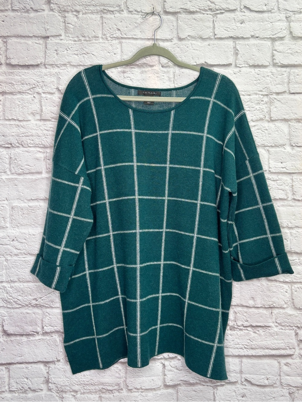 Tahari Womens My Perfect Shape Sweater Size 2X Windowpane Plaid 3/4 Sleeve Green